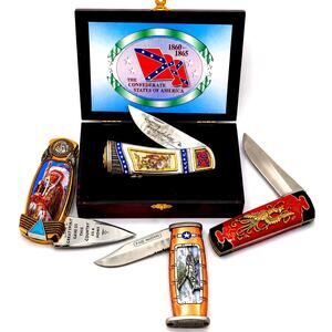 Franklin Mint 4 Pocket Knives Lot Confederate P-51 Dragon Native American